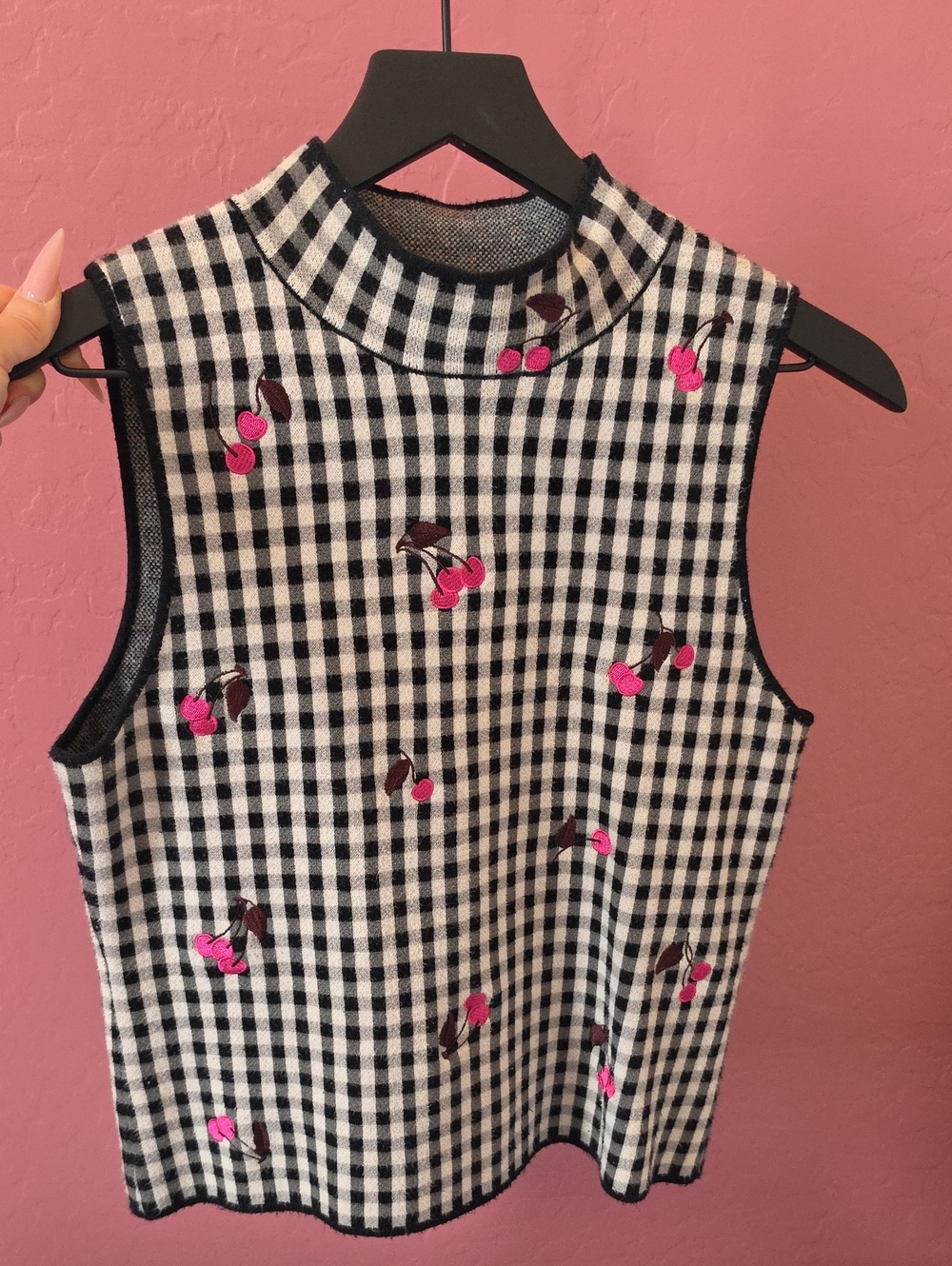 Anthropologie Black & White Gingham Sleeveless Top with Pink Cherry Accents